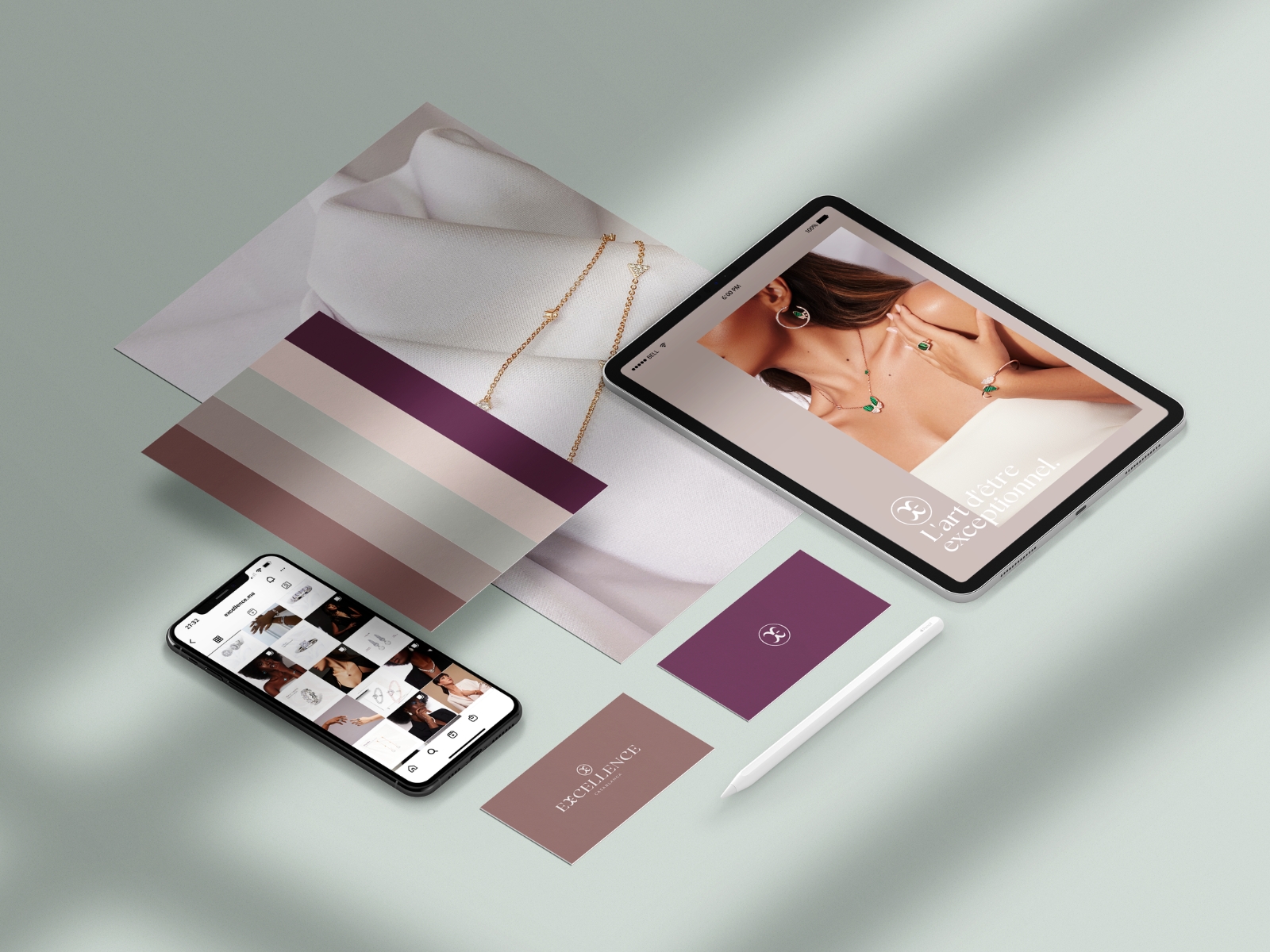 Excellence brand composite: the identity applied across print and digital.